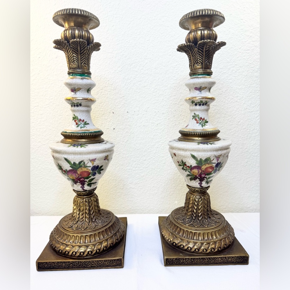 Vintage 1897 Hand Painted United Wilson Fruit Harvest Candle Holder Set